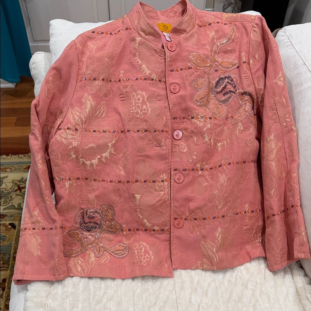 GRANDMILLENNIAL Ruby Rd Pink Floral Jacquard Beaded Jacket 18 Art To Wear Boho